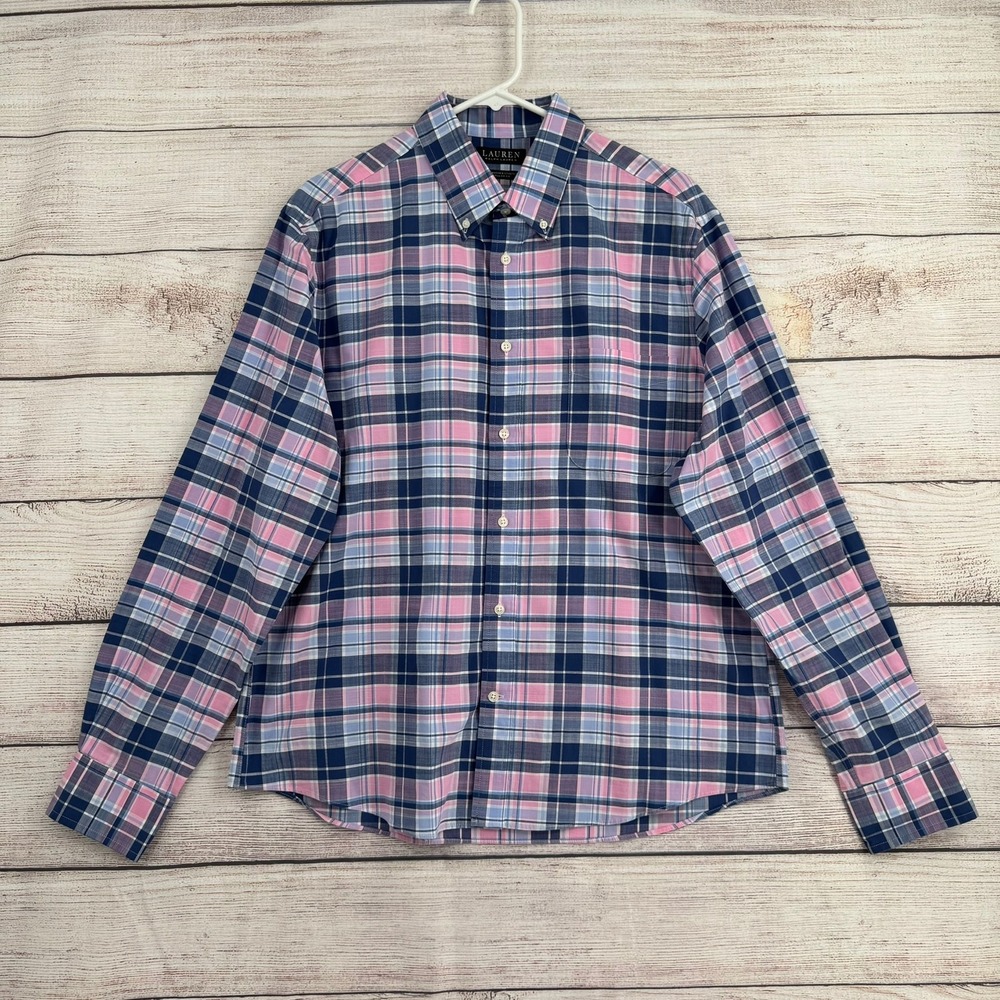 Lauren Ralph Lauren Button Down Mens L Pink Blue Plaid Soft Washed Stretch Shirt
